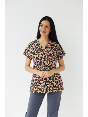 Dr. Mitra Kadın Likralı Yarasa Kol Hemşire Doktor Beyaz Kelebek Desenli Tek Üst Forma