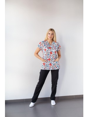 Dr. Mitra Kadın Likralı Yarasa Kol Hemşire Doktor Beyaz Tansiyon Desenli Tek Üst Forma