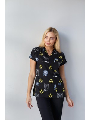 Dr. Mitra Kadın Likralı Yarasa Kol Hemşire Doktor Radyasyon Desenli Tek Üst Forma