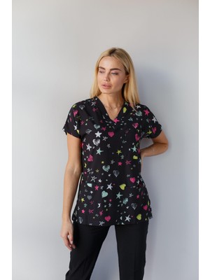 Dr. Mitra Kadın Likralı Yarasa Kol Hemşire Doktor Yıldız Desenli Tek Üst Siyah Forma