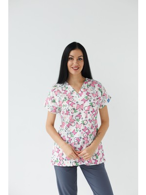 Dr. Mitra Kadın Likralı Yarasa Kol Hemşire Doktor Beyaz Kelebek Desenli Tek Üst Forma