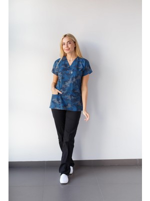 Dr. Mitra Kadın Likralı Yarasa Kol Hemşire Doktor Kamufulaj Desenli Tek Üst Forma