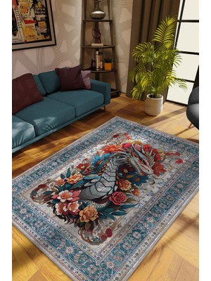 Homshtag Nuh'un Gemisi Koleksiyonu Ejderha Çiçek Desenli Temalı Vintage Renkli Maksimalist Halı