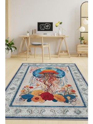 Homshtag Nuh'un Gemisi Koleksiyonu Deniz Anası Çiçek Desenli Temalı Vintage Renkli Maksimalist Halı