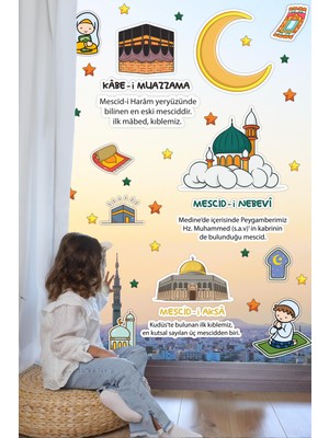 Msticker Mescid-I Aksa Mescid-I Nebevi Kabe-I Muazzama ve Sevimli Islami Figürlerden Oluşan Eğitici Öğretici Cam Duvar Ramazan Sticker Seti Ramazan Süsü