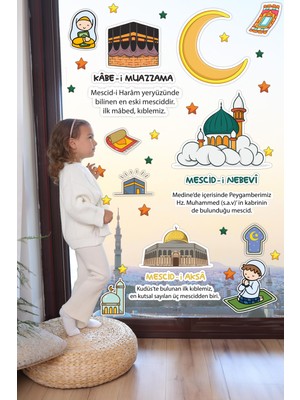 Msticker Mescid-I Aksa Mescid-I Nebevi Kabe-I Muazzama ve Sevimli Islami Figürlerden Oluşan Eğitici Öğretici Cam Duvar Ramazan Sticker Seti Ramazan Süsü