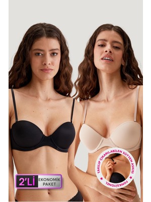 Pierre Cardin 6806 Vicenza Ekstra Push Up Dolgulu Straplez Sütyen Set 2'Li Paket Siyah-Ten