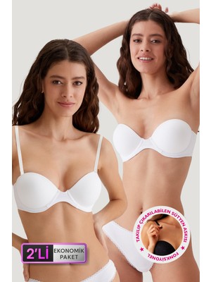 Pierre Cardin 2'Li Paket Beyaz 6806 Vicenza Ekstra Push Up Dolgulu Straplez Sütyen Set