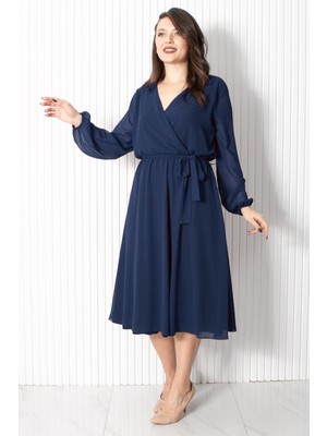 Fahima Kemer Detaylı Şifon Abiye Elbise Lacivert FHM916