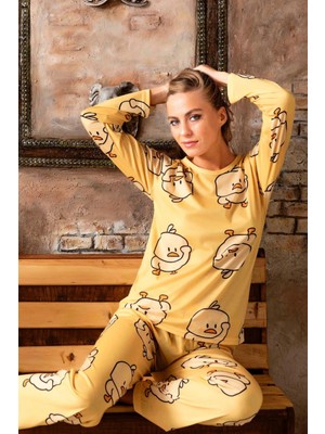 Mutlu City Civciv Desenli Pamuklu Uzun Kollu Bayan Pijama Takımı 802645-SARI