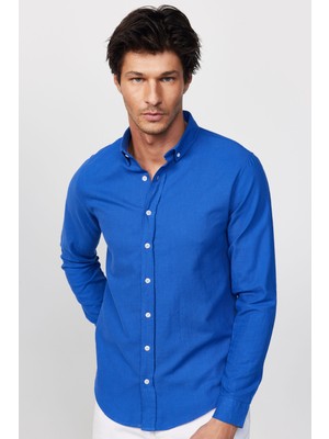Tudors Slim Fit Uzun Kol Biyeli Yaka Düğmeli Keten Saks Mavi Erkek Gömlek