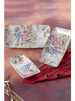 Acar Kırmızı Rosa Desenli 3 Parça Kayık Tabak Seti - Seramik (28x15.5 cm, 24x14 cm, 19.5x11.5 cm)