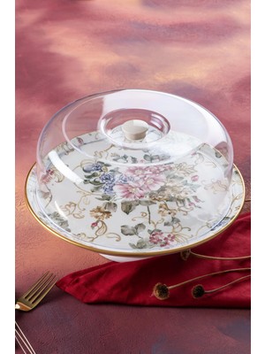 Acar Rosa 30 cm Ayaklı Kek Fanusu - Çiçek Desenli Seramik Vitrini