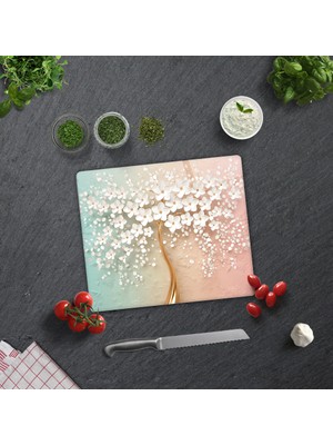 Decorita Cam Kesme Tablası - Cam Kesme Tahtası | Beyaz Çiçek - Renkli |