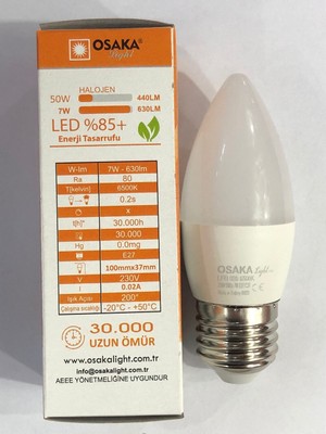 Osaka 3 Adetosaka 7W=50W 630 Lümen E27 LED Buji  6500 Kelvin Beyaz