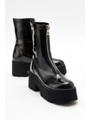 Luvi Ovil Siyah Rugan Kalın Taban Fermuarlı Kadın Bot