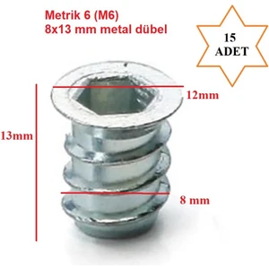 Zamak Dübel  Metrik 6 Metal Dübel 15 Adet M6 8X13MM SS136-01