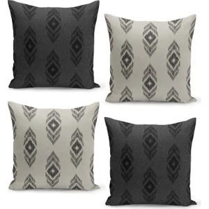 4'lü Kırlent Kılıf Seti Keten Tweed Zemin Görünüm Ikat Desenli