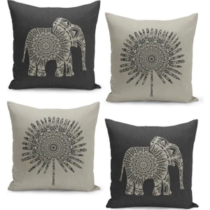 4'lü Kırlent Kılıf Seti Keten Tweed Zemin Görünüm Etnik Bohem ve Fil Desenli