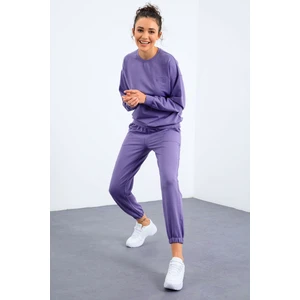 Eflatun Basic Pamuklu O Yaka Oversize Lastik Paça Kadın Eşofman Takım - 95287