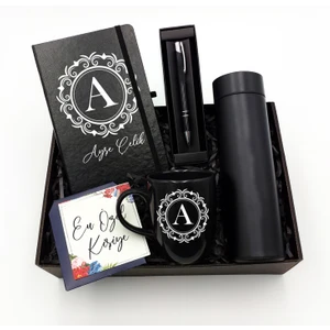 As Company Kişiye Özel Siyah 500 ml Dereceli Termos & Defter & Kupa & Kalem Hediye Seti