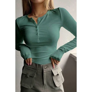 Teenage Millionaire Kadın Mint Yeşili Düğme Detaylı Patlı Düğmeli Bisiklet Yaka Uzun Kollu Fitilli Kaşkorse Bluz Body