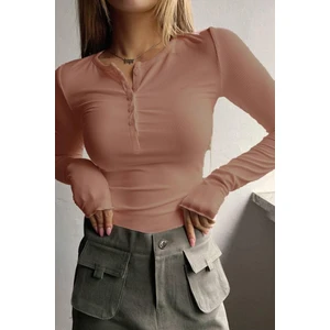Teenage Millionaire Kadın Somon Düğme Detaylı Patlı Düğmeli Bisiklet Yaka Uzun Kollu Fitilli Kaşkorse Bluz Body