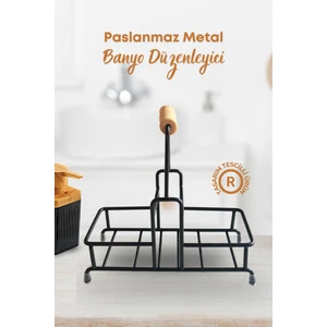 Grimor Life 2 Bölmeli Çok Amaçlı Ahşap Kulplu Paslanmaz Metal Stand- Sıvı Sabunluk Diş Fırçalık Standı
