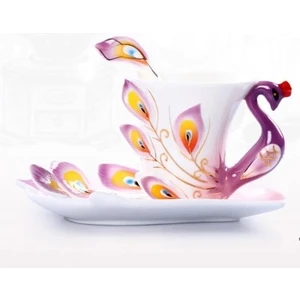 Menekşe Tarzı 230ML Yaratıcı 3D El Hazırlanmış Porselen Emaye Tavuskuşu Kahve Fincanı Seti Tabağı ve Kaşık Mevcut Seramik Çay Su Bardağı Bulaşık Hediyesi (Yurt Dışından)