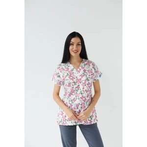 Dr. Mitra Kadın Likralı Yarasa Kol Hemşire Doktor Beyaz Kelebek Desenli Tek Üst Forma