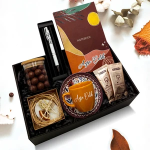 As Company Kişiye Özel Defter & Turuncu Fincan & Bambu Kapaklı Kavanozda Draje & Beyaz Kalem & Kokulu Sabun & Türk Kahvesi Hediye Seti