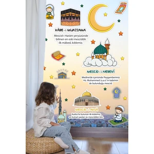 Mescid-I Aksa Mescid-I Nebevi Kabe-I Muazzama ve Sevimli Islami Figürlerden Oluşan Eğitici Öğretici Cam Duvar Ramazan Sticker Seti Ramazan Süsü