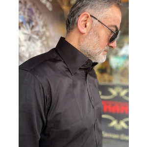 Slimfit Siyah Saten Polat Yaka Gömlek