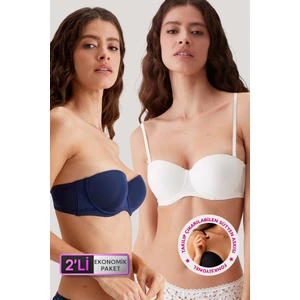 Pierre Cardin 2'li Ekonomik Paket Ekru - Lacivert 6206-2 Siena Balenli Desteksiz Straplez Micro Sütyen Set