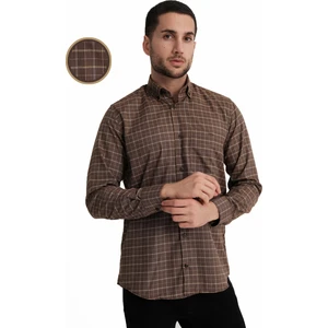 Erkek Kahverengi Uzun Kollu Kareli Cepli Pamuklu Gömlek