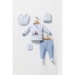 By Bubbles Sevimli Çiftçi Desenli Erkek Bebek Hastane Çıkışı Takımı 5'li Set Yandan Düğmeli Fitilli Kumaş