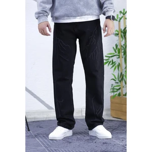 Erkek Siyah Baggy Yıldırım Desenli Bol Kesim Kot Pantolon