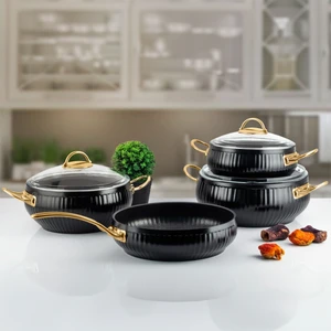 TS-0002 Granit Kaplama Gold Kulp Güveç Seti - Cam Kapaklı Tencere Takımı - 7 Parça Siyah
