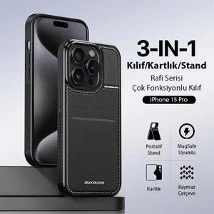 Premium Deri 3in1 Magsafe Apple iPhone 15 Pro Kılıf Kartlık Telefon Stand Apple iPhone 15 Pro Cüzdan Kılıf