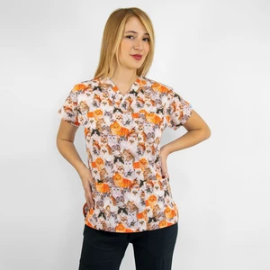 Nur Medikal Giyim Turuncu Kahve Kedi Desenli Likralı  Üst Forma