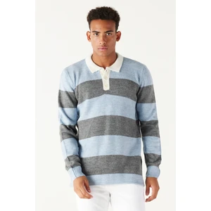 Altınyıldız Classics Erkek Mavı Antrasıt Standart Fit Normal Kesim Polo Yaka Çizgili Şardonlu Yumuşak Dokulu Triko Kazak