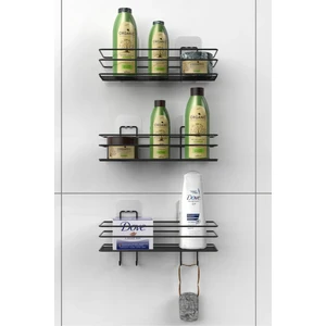 3'lü Set Yapışkanlı 4 Kancalı Paslanmaz Banyo Rafı Mat Siyah Banyo Şampuanlık Duşakabin Duş Askısı
