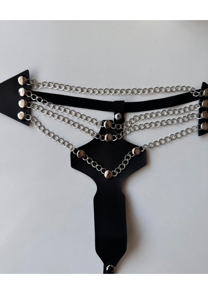 Kadın Suni Deri Tasarım Zincir Halka Detaylı Gotik G-String - 162