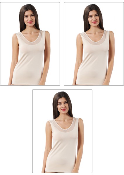 22848 3'lü Paket Kadın Modal Pamuklu Kalın Askılı V Yaka Tül Detaylı Atlet