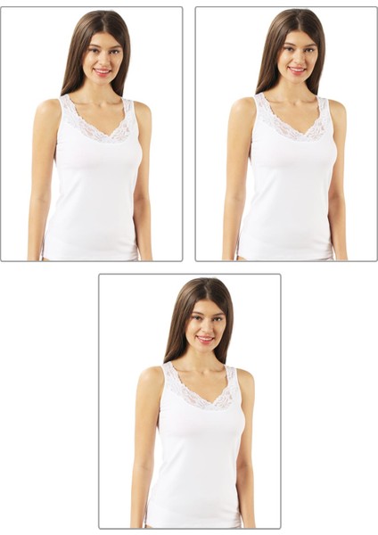 0181 3'lü Paket Kadın Pamuklu Dantel Yakalı Atlet