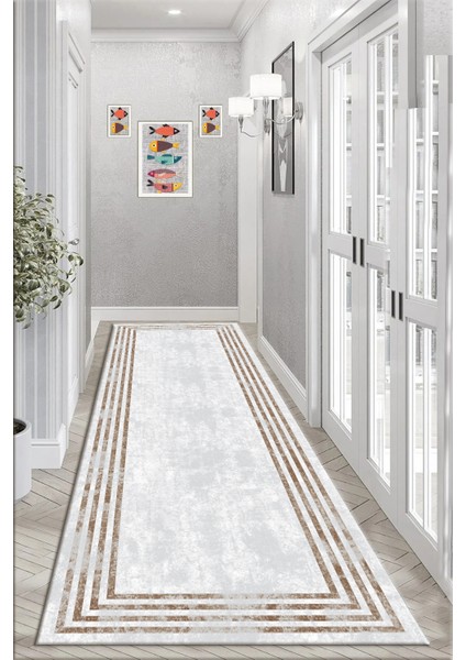 Yıkanabilir Kahverengi Çerçeveli Salon Halısı Mutfak Halısı ve Yolluk 4433