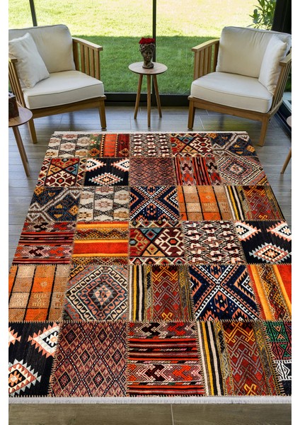 Yıkanabilir Kaymaz Etnik Renkli Patchwork Desenli Salon Halısı Mutfak Halısı ve Yolluk 4411