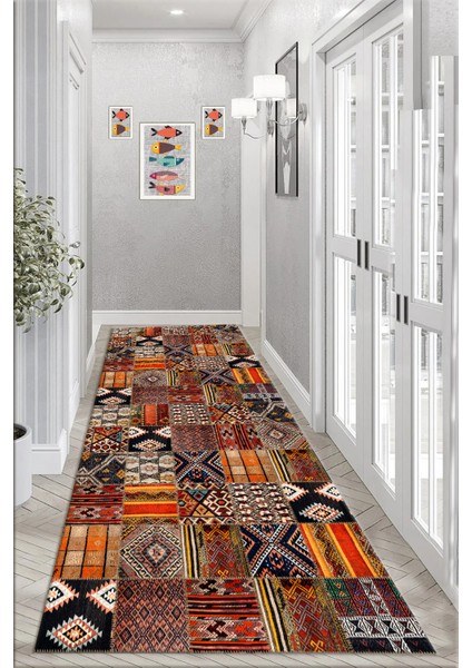 Yıkanabilir Kaymaz Etnik Renkli Patchwork Desenli Salon Halısı Mutfak Halısı ve Yolluk 4411