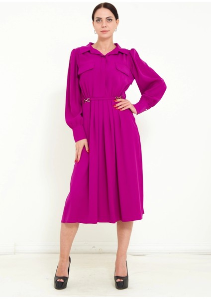 Kadın Pile Detaylı Kemerli Gömlek Yaka Şık Uzun Kolu Midi Elbise