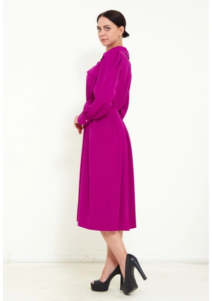 Kadın Pile Detaylı Kemerli Gömlek Yaka Şık Uzun Kolu Midi Elbise fiyatları